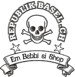 Handgezeichnetes Republik-Basel-Signet: Totenkopf mit gekreuzten Knochen, Sternen und Banner