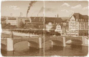 Alte Basel-Postkarte in Sepia mit der Mittleren Brücke
